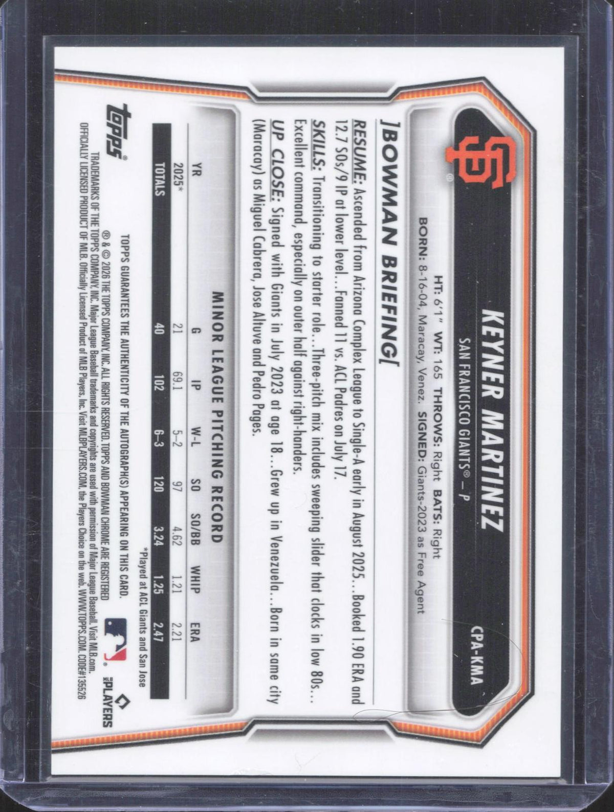 Bowman 2026 Bowman Chrome Keyner Martinez #CPA-KMA Prospect Autographs