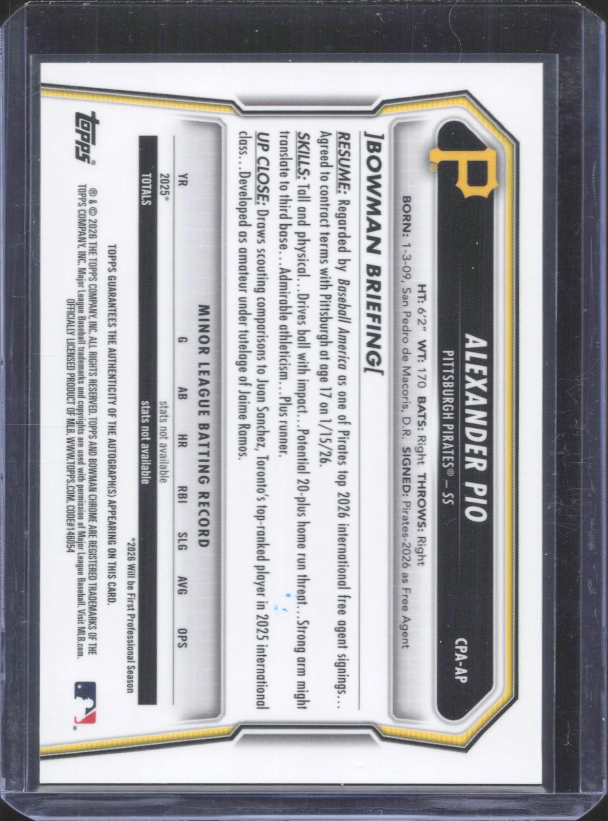 Bowman 2026 Bowman Chrome Alexander Pio #CPA-AP Prospect Autographs
