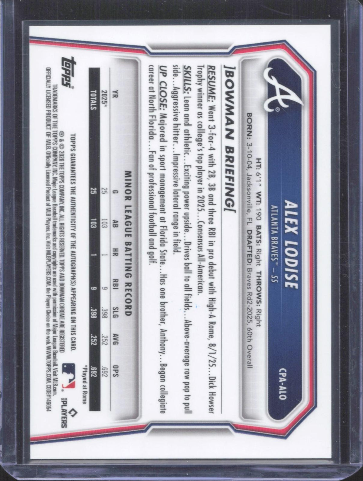 Bowman 2026 Bowman Chrome Alex Lodise #CPA-ALO Prospect Autographs
