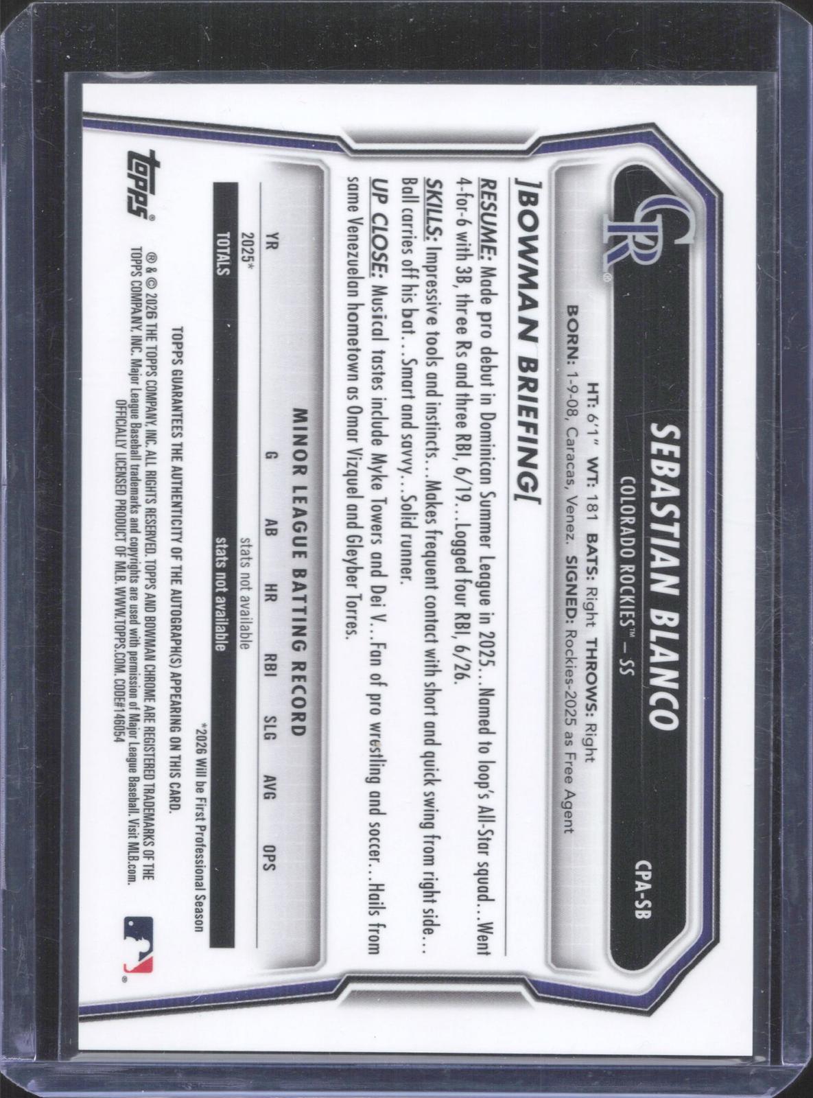 2026 Bowman Chrome Sebastian Blanco #CPA-SB Prospect Autographs