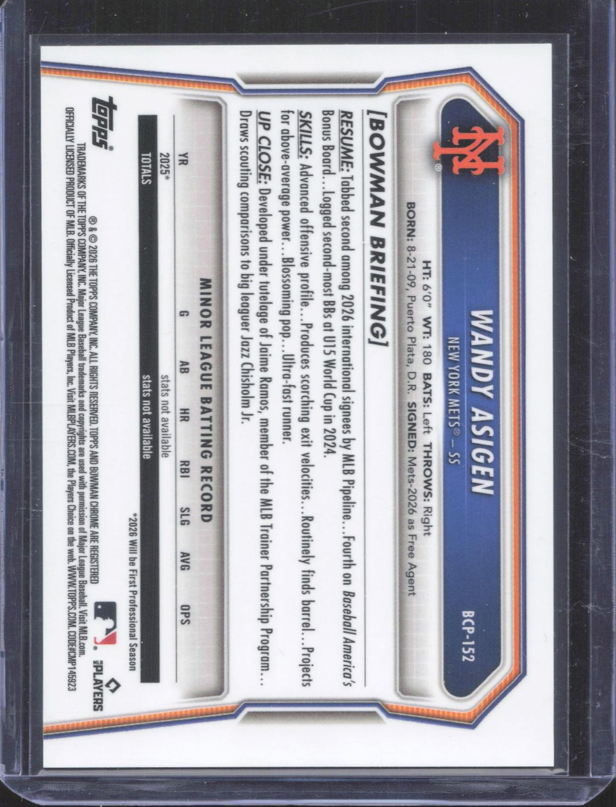 2026 Bowman Chrome Wandy Asigen #BCP-152 Prospects Gold Refractor 15/50