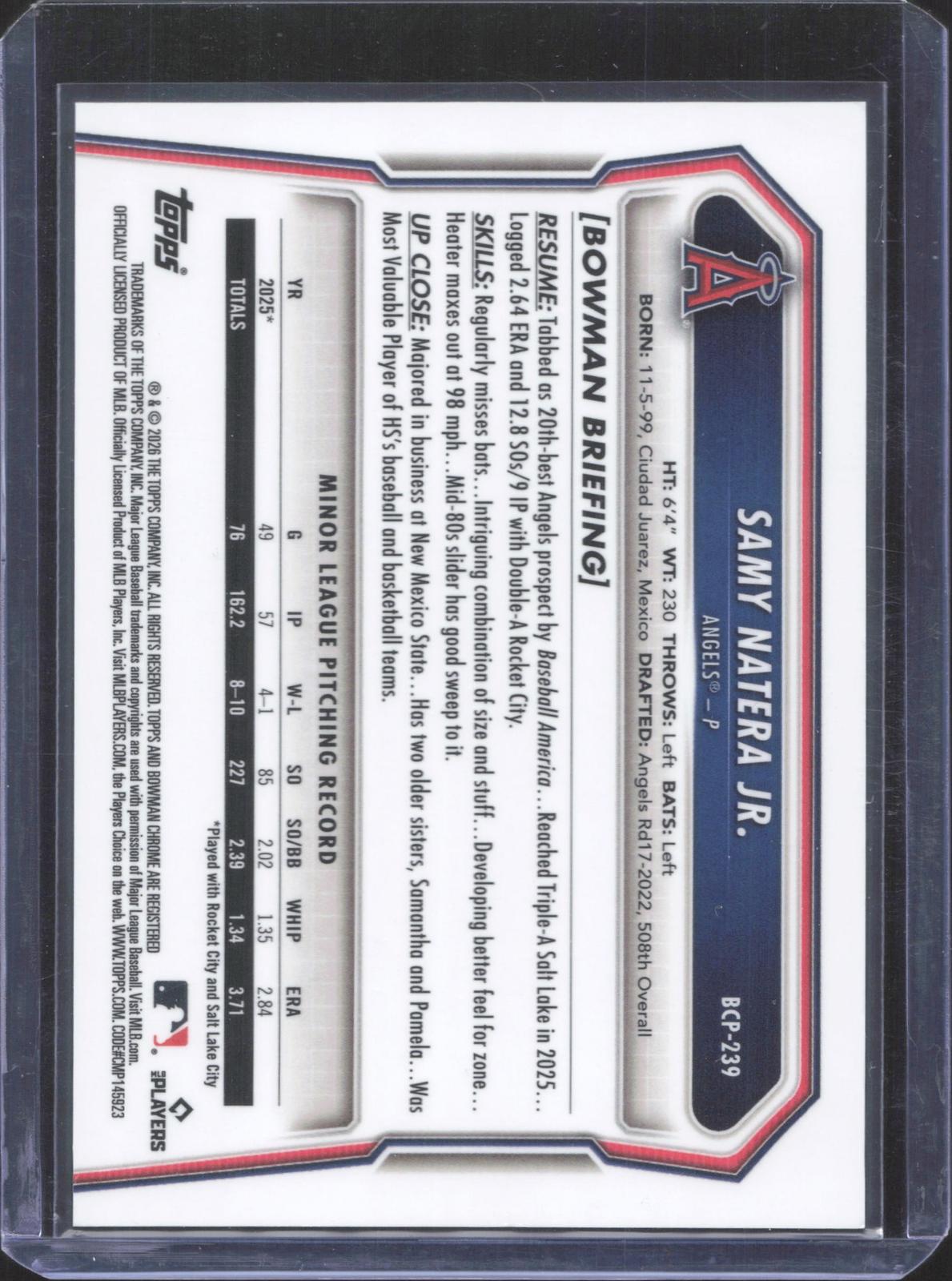 2026 Bowman Chrome Samy Natera Jr. #BCP-239 Prospects Gold Geometric 39/50