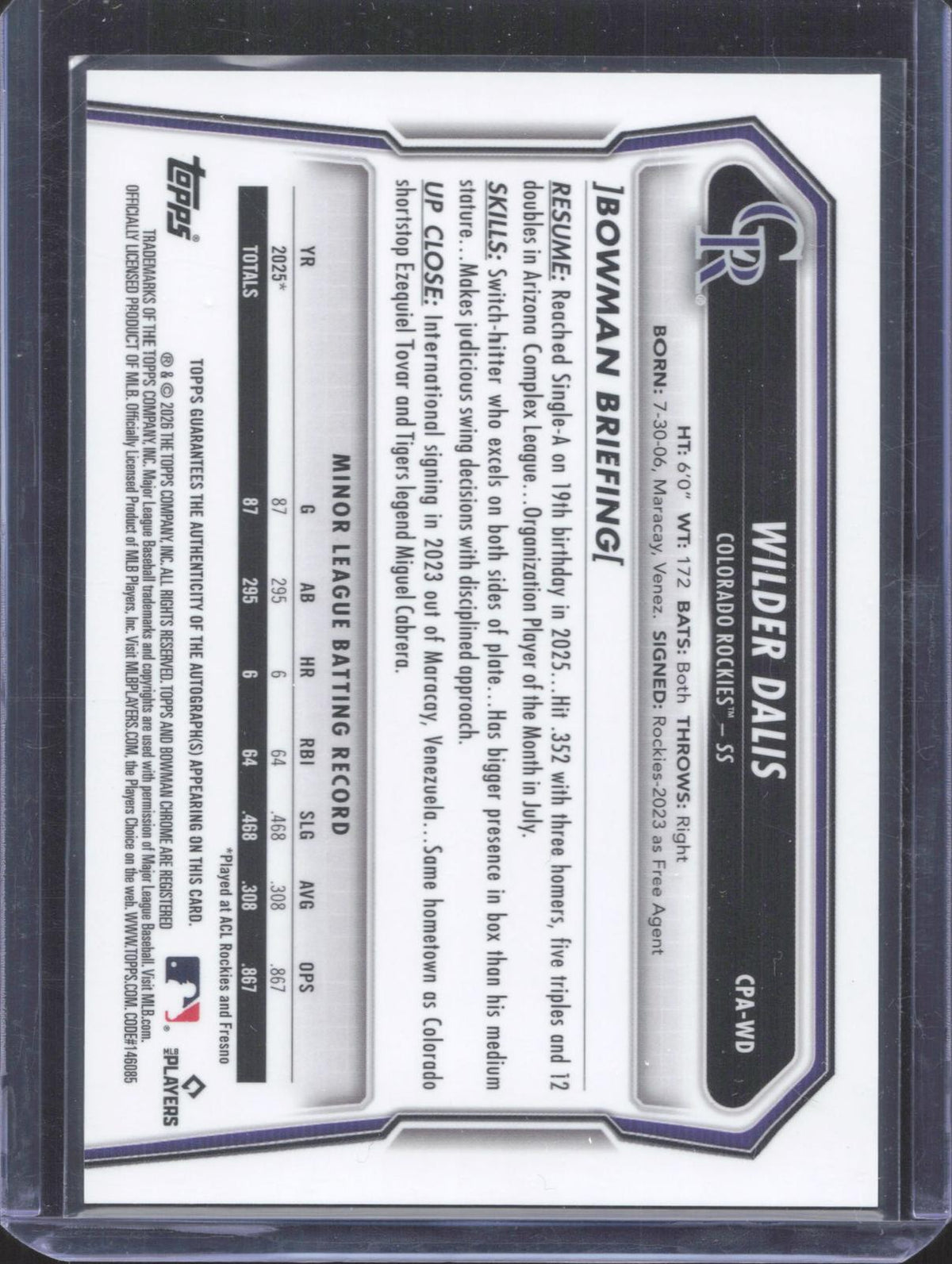 2026 Bowman Chrome Wilder Dalis #CPA-WD Prospect Autographs Orange 11/25