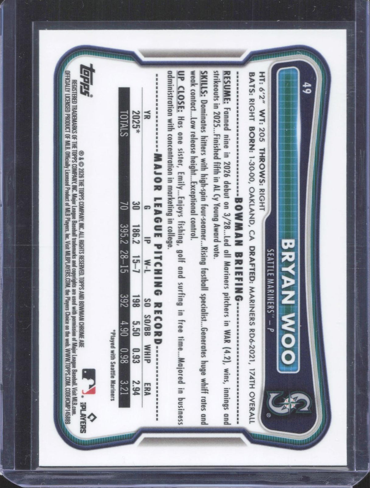 2026 Bowman Chrome Bryan Woo #49 Green Refractor 25/99