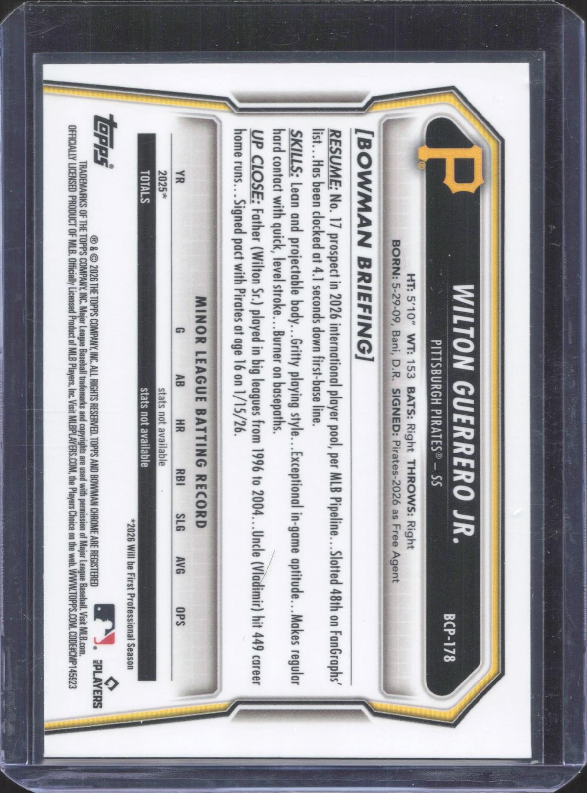 2026 Bowman Chrome Wilton Guerrero Jr. #BCP-178 Prospects Green Refractor 79/99