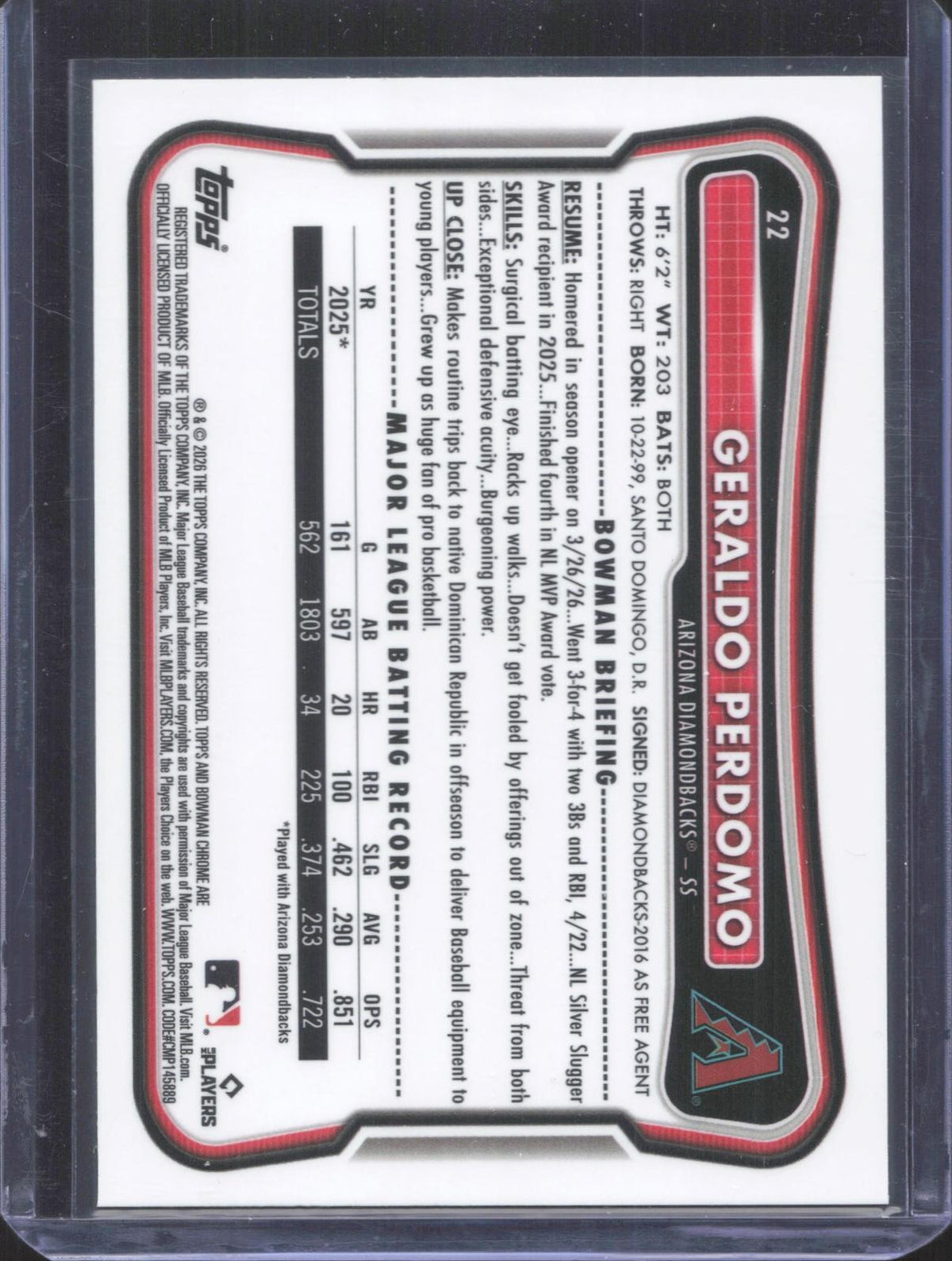 2026 Bowman Chrome Geraldo Perdomo #22 Yellow Refractor 62/75