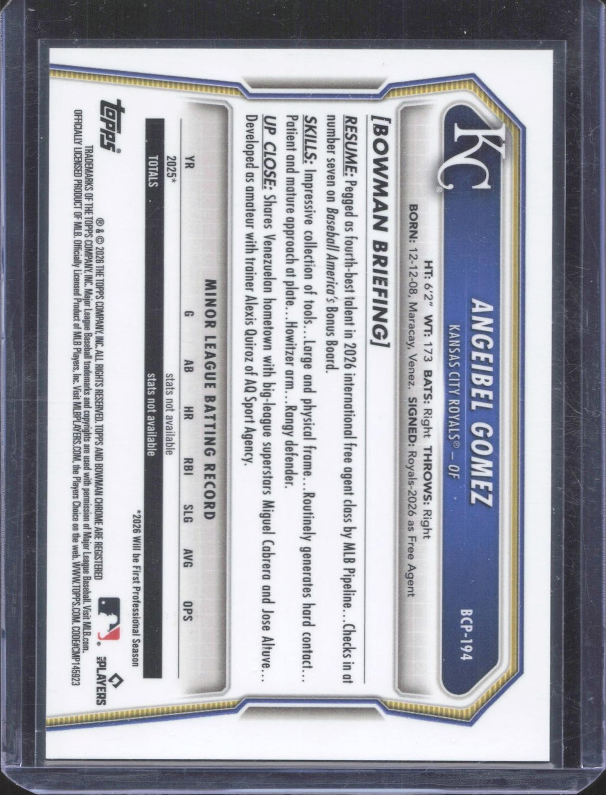 2026 Bowman Chrome Angeibel Gomez #BCP-194 Prospects 16/299