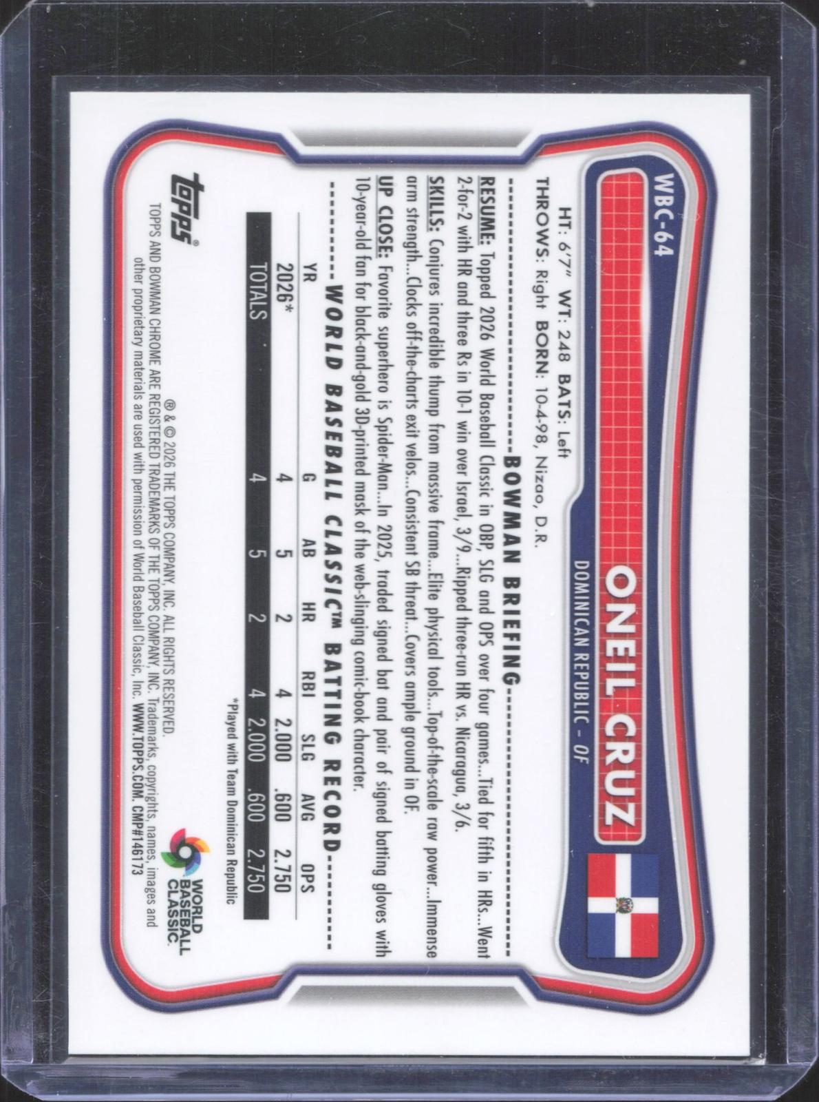 2026 Bowman Chrome Oneil Cruz #WBC-64 WBC Flag 418/499
