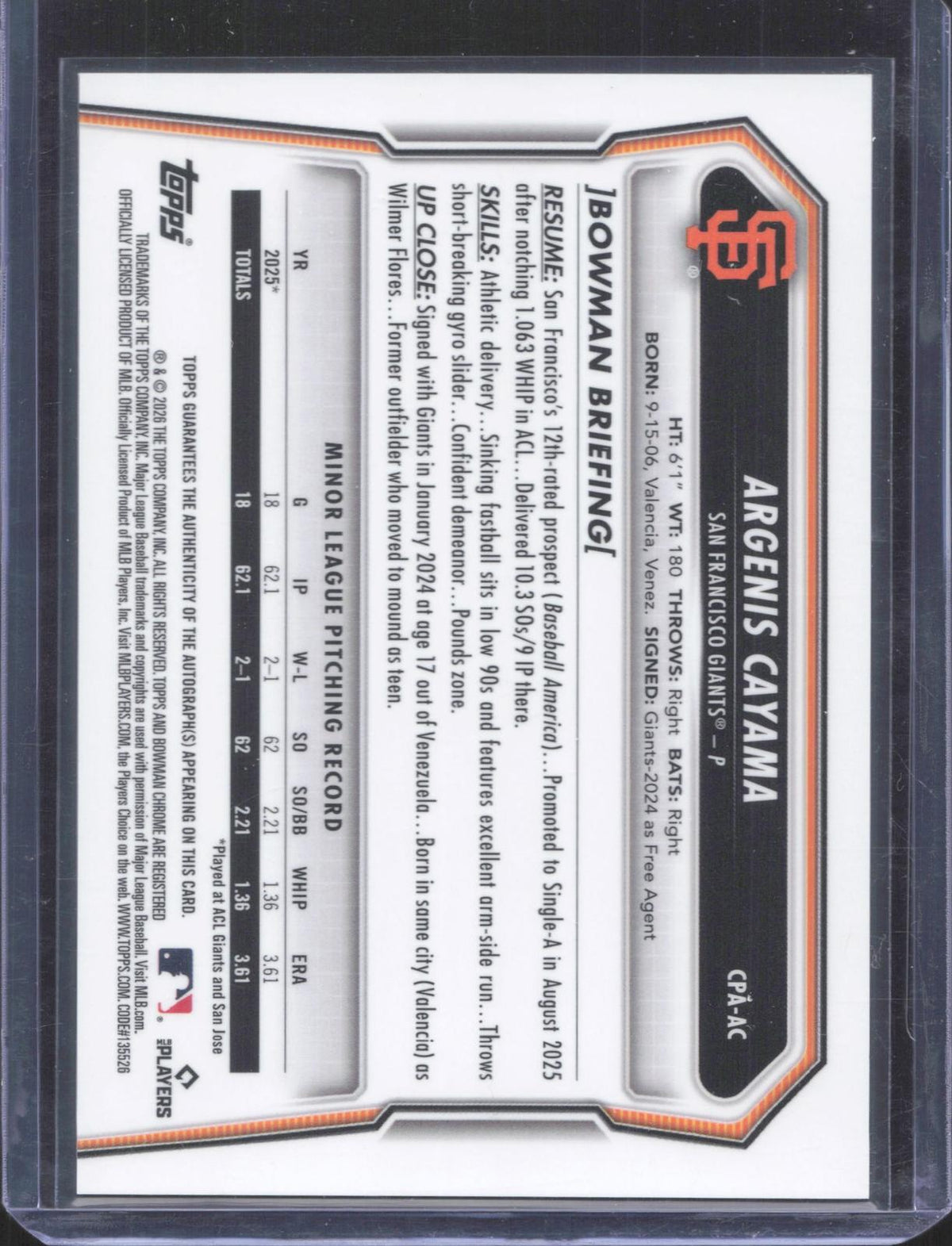 2026 Bowman Chrome Argenis Cayama #CPA-AC Prospect Autographs
