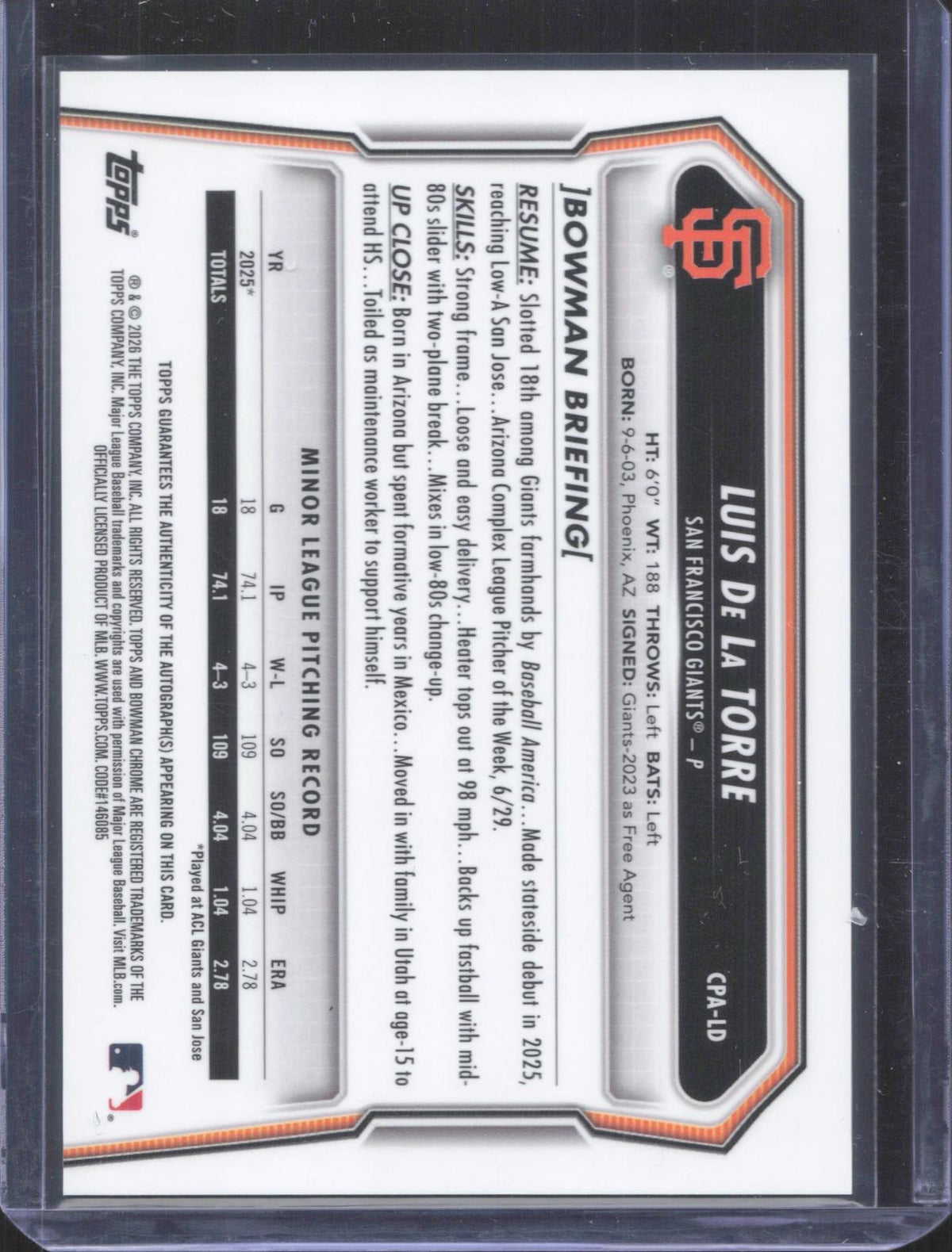Bowman 2026 Bowman Chrome Luis De La Torre #CPA-LD Prospect Autographs