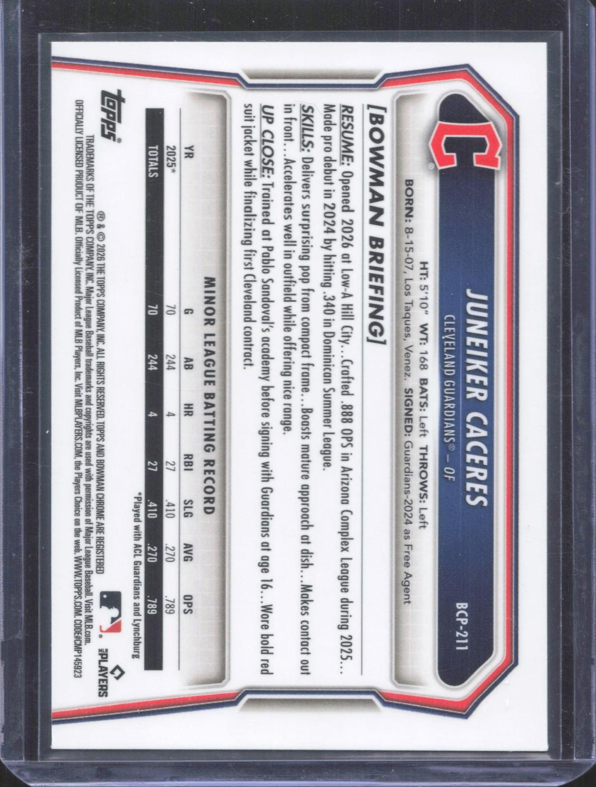 2026 Bowman Chrome Juneiker Caceres #BCP-211 Prospects Purple Refractor 110/250