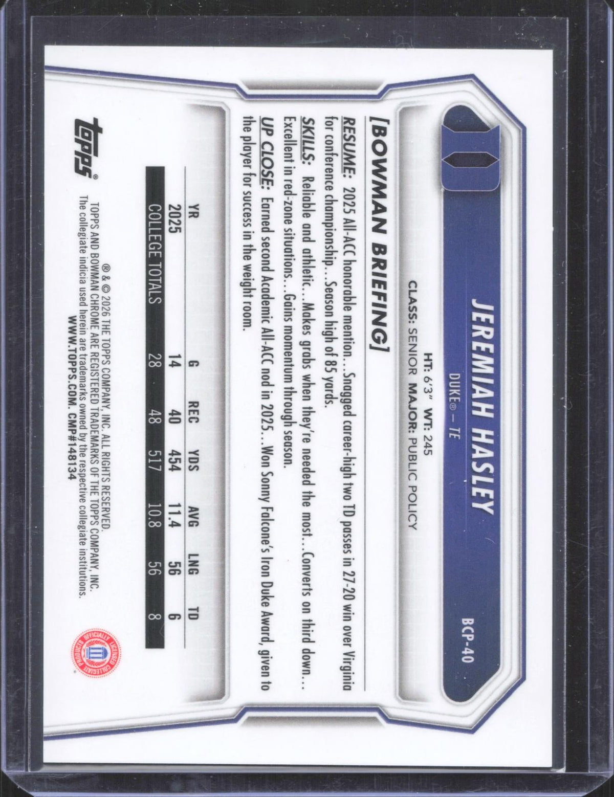 2026 Bowman Jeremiah Hasley #BCP-40 Chrome Prospects Gold Refractor 37/50