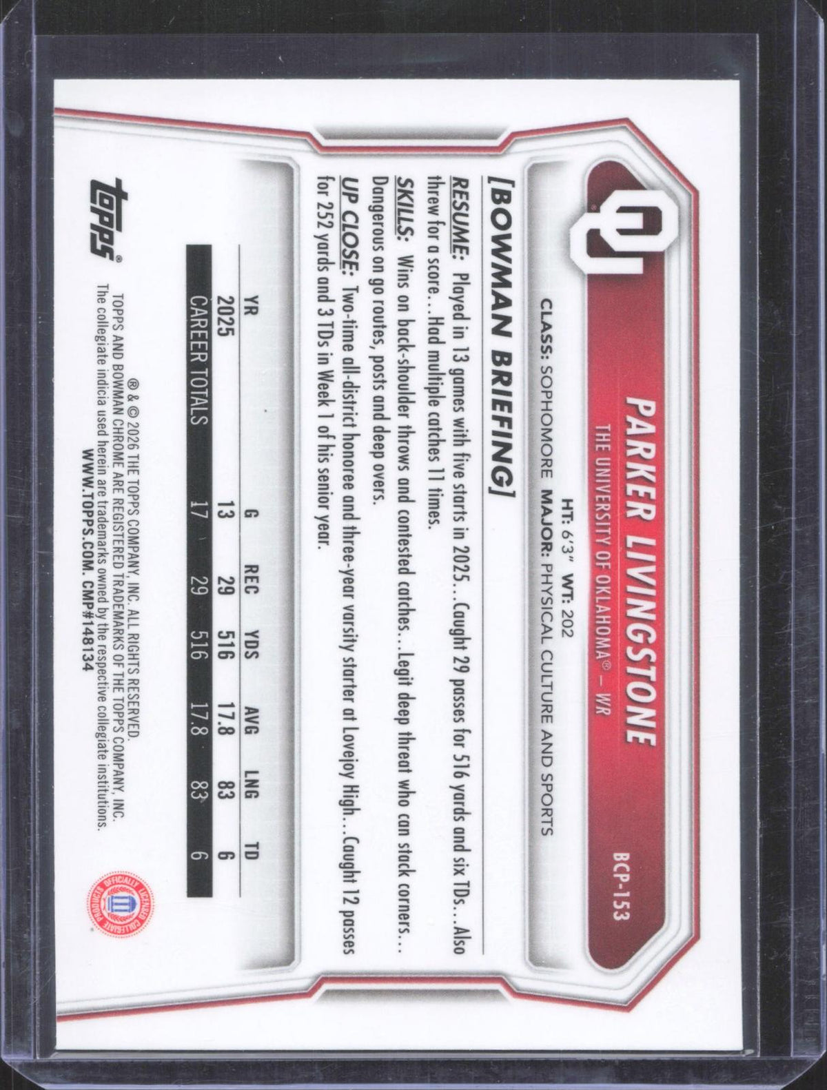 Bowman 2026 Bowman Parker Livingstone #BCP-153 Chrome Prospects Speckle