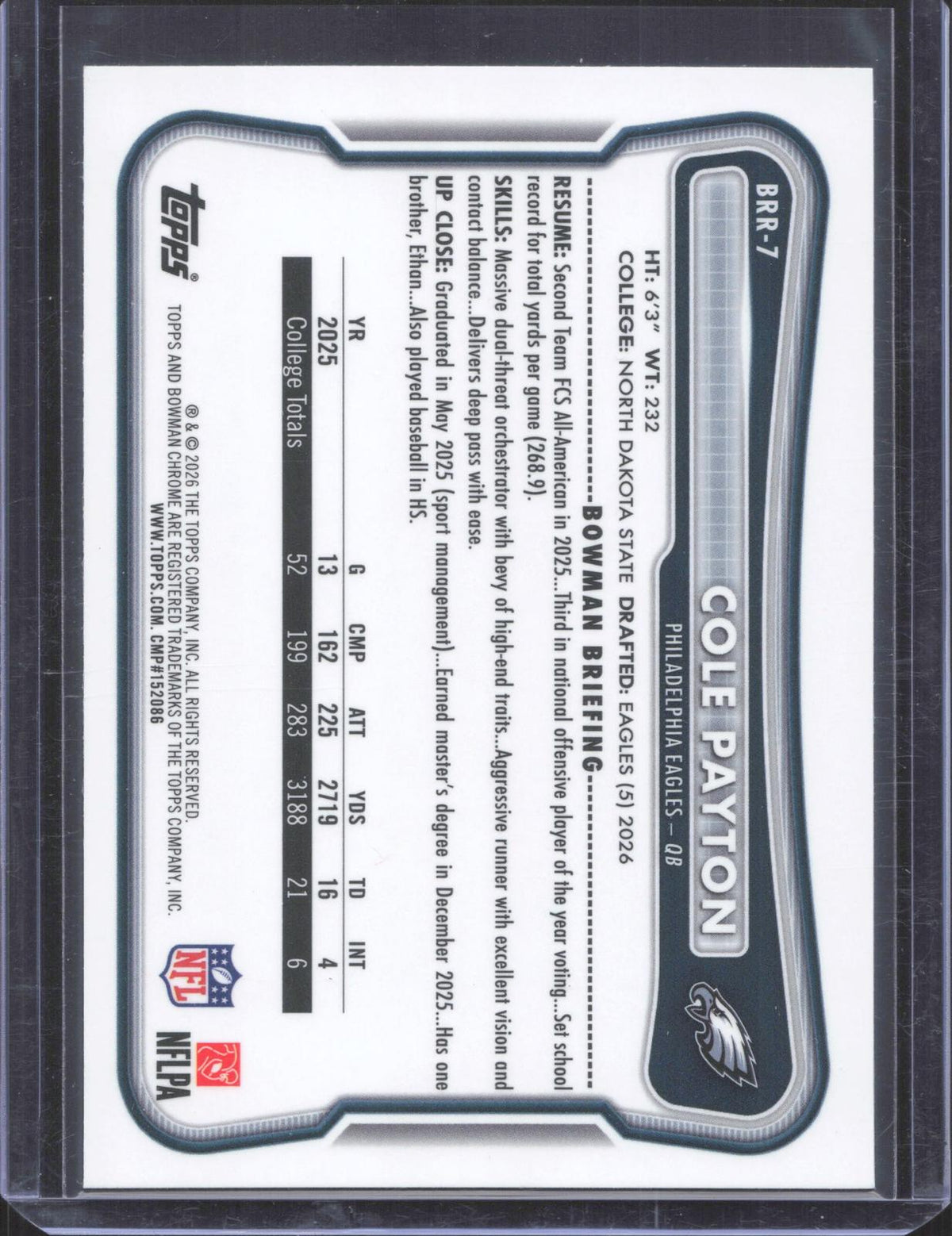 Bowman 2026 Bowman Cole Payton #BRR-7 Chrome Rookie Red RC Logo