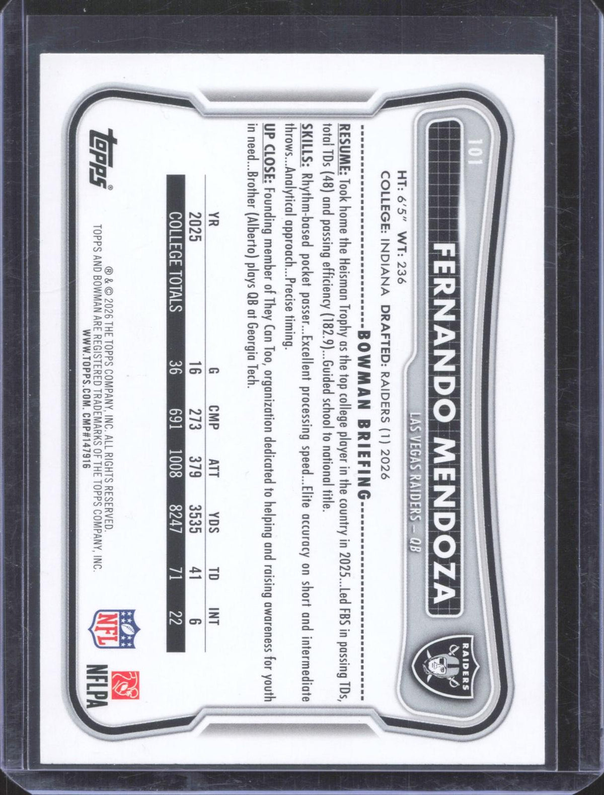 Bowman 2026 Bowman Fernando Mendoza #101
