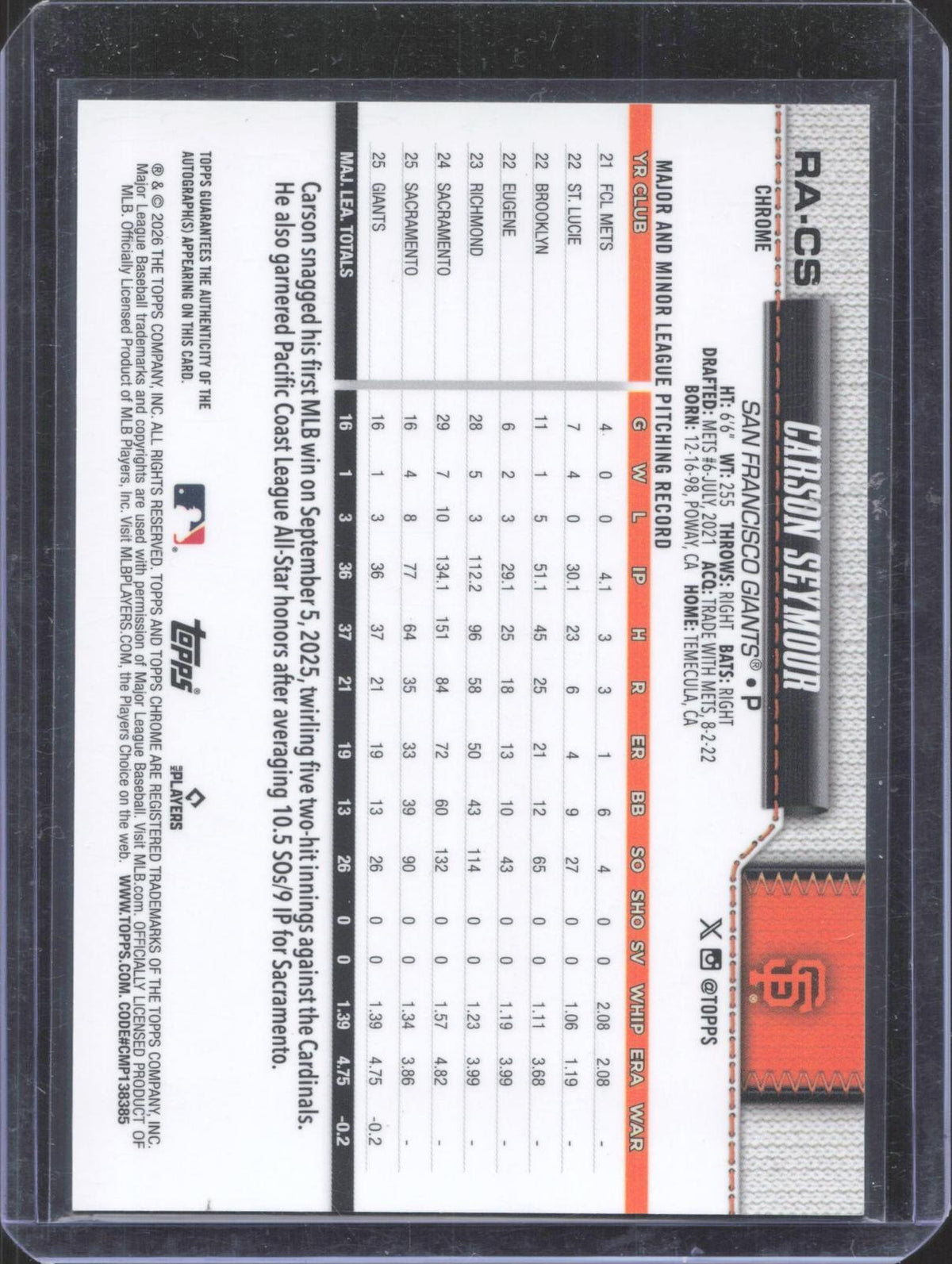 Topps 2026 Topps Chrome Carson Seymour #RA-CS Rookie Autographs Green Refractor
