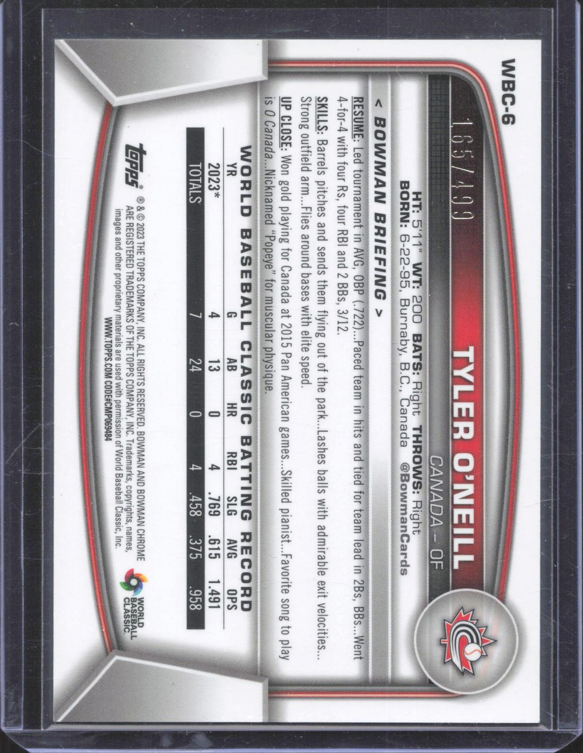 2023 Bowman Chrome Tyler O'Neill #WBC-6 WBC Flag Refractor 165/499