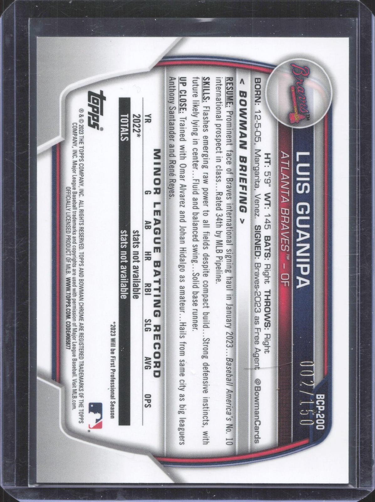 2023 Bowman Chrome Luis Guanipa #BCP-200 Prospects Blue Refractor 002/150