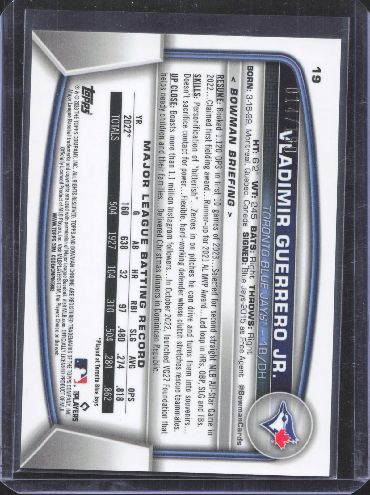 Bowman 2023 Bowman Chrome Vladimir Guerrero Jr. #19 Aqua RayWave Refractor