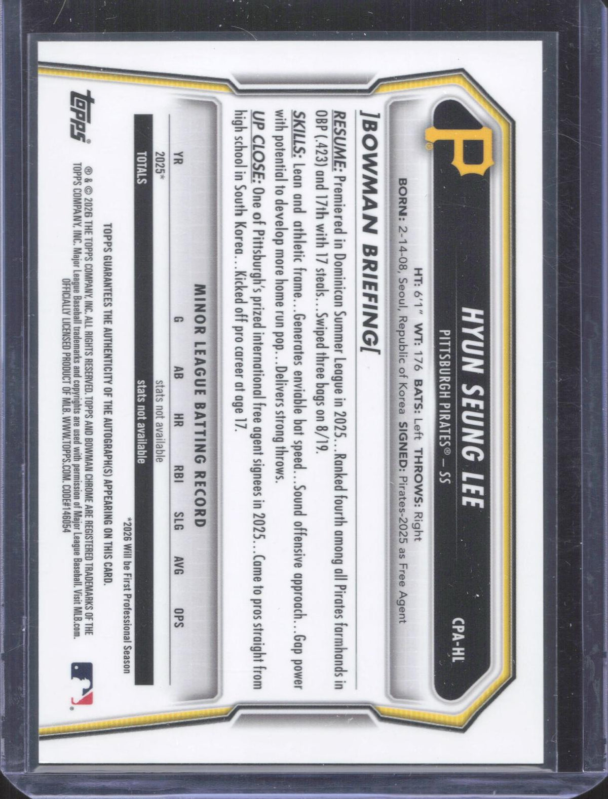 2026 Bowman Chrome Hyun Seung Lee #CPA-HL Prospect Autographs Yellow Refractor