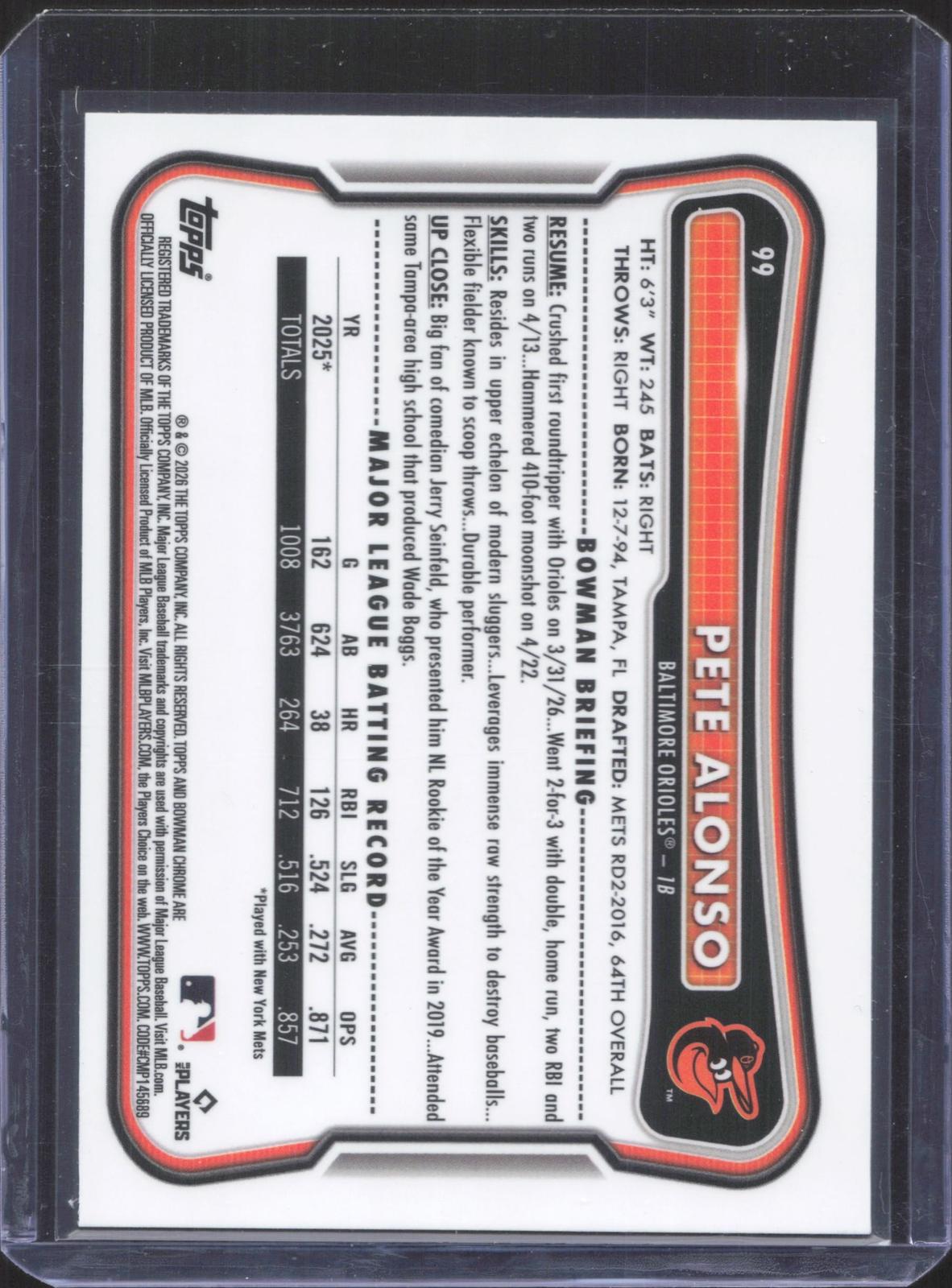 2026 Bowman Chrome Pete Alonso #99 Blue Refractor 34/150