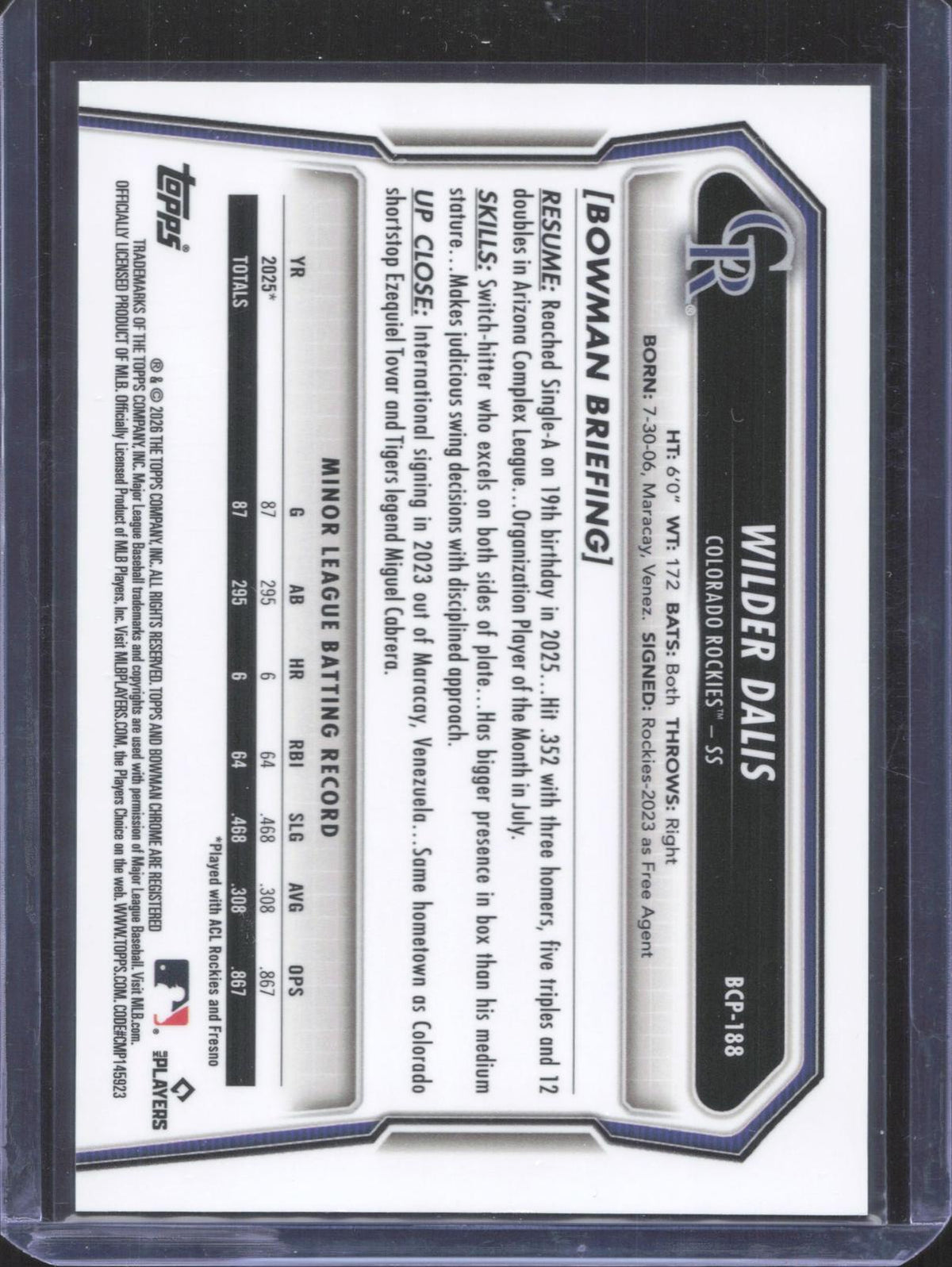 2026 Bowman Chrome Wilder Dalis #BCP-188 Prospects Blue  147/150