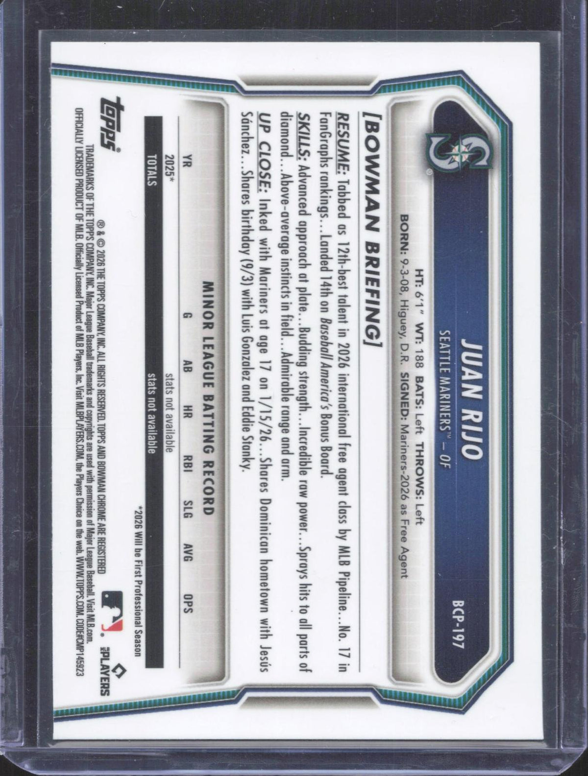 2026 Bowman Chrome Juan Rijo #BCP-197 Prospects Aqua Refractor 32/125