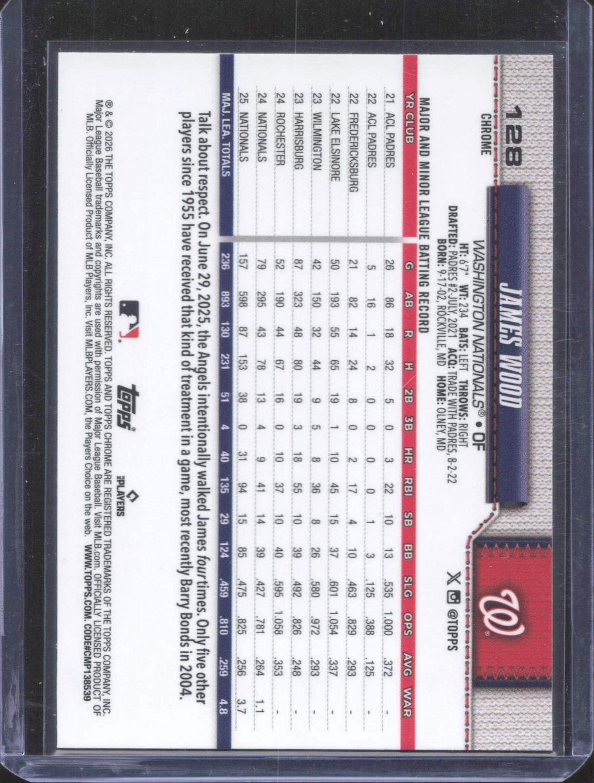 2026 Topps Chrome James Wood #128 Blue X-Fractors 1/150