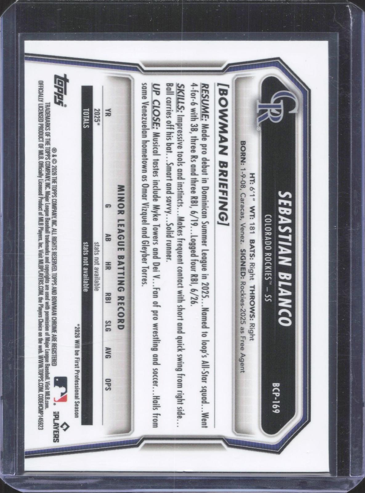2026 Bowman Chrome Sebastian Blanco #BCP-169 Prospects Fuchsia Shimmer 150/199