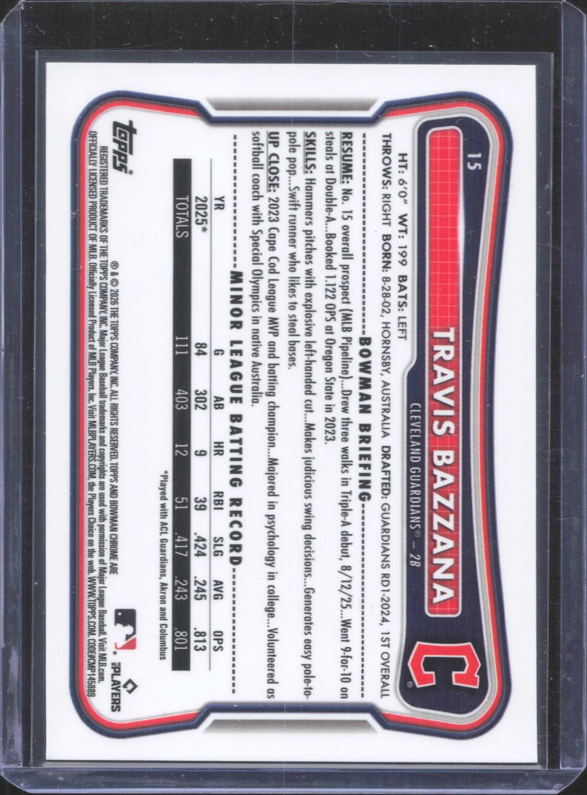 2026 Bowman Chrome Travis Bazzana #15 Aqua Raywave Refractor 44/199
